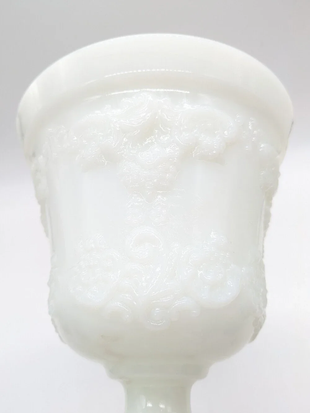 Vintage EO Brody White Milk Glass Floral & Grapevine Embossed Footed Vase